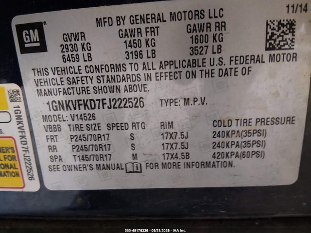Aukcja sprzedaży 2015 Chevrolet Traverse Ls, vin: 1GNKVFKD7FJ222526, numer aukcji: 45176336