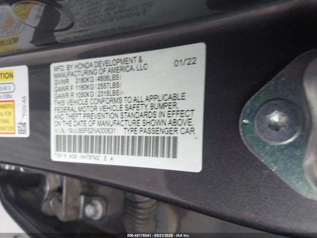 Auction sale of the 2022 Acura Tlx A-spec Package, vin: 19UUB5F52NA000631, lot number: 45176341
