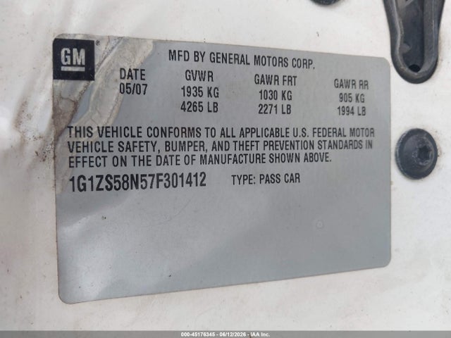 45176345 :رقم المزاد ، 1G1ZS58N57F301412 vin ، 2007 Chevrolet Malibu Ls مزاد بيع