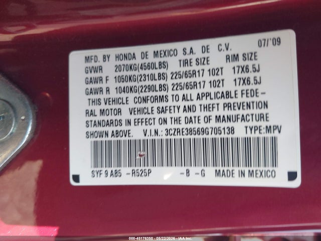 2009 Honda Cr-v Ex მანქანა იყიდება აუქციონზე, vin: 3CZRE38569G705138, აუქციონის ნომერი: 45176350