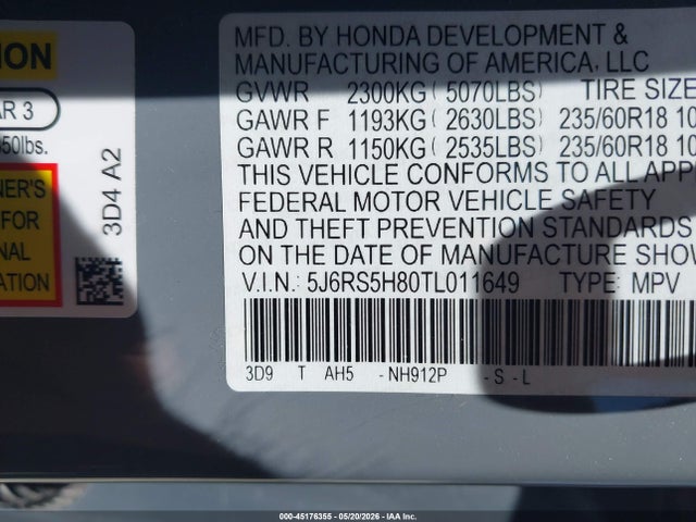 5J6RS5H80TL011649 Honda Cr-v Hybrid 2wd Sport-l