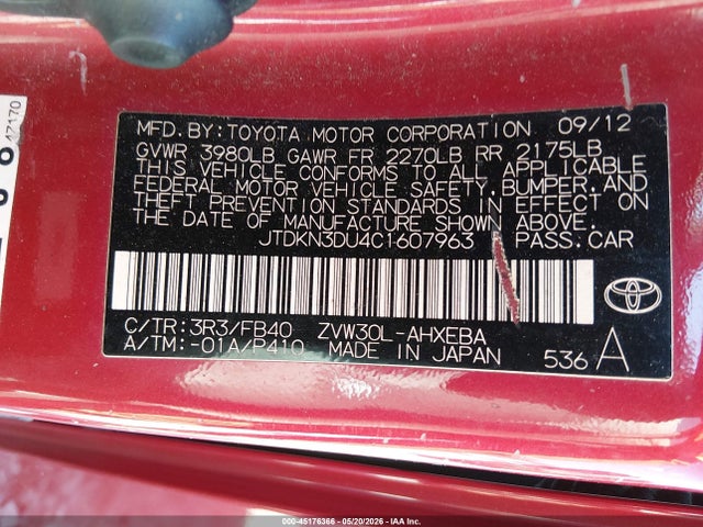 45176366 :رقم المزاد ، JTDKN3DU4C1607963 vin ، 2012 Toyota Prius Two مزاد بيع