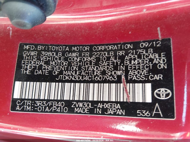 45176366 :رقم المزاد ، JTDKN3DU4C1607963 vin ، 2012 Toyota Prius Two مزاد بيع
