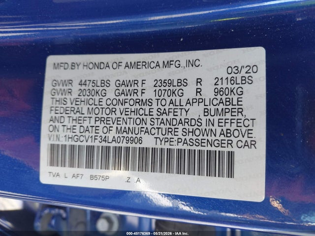 1HGCV1F34LA079906 Honda Accord Sport