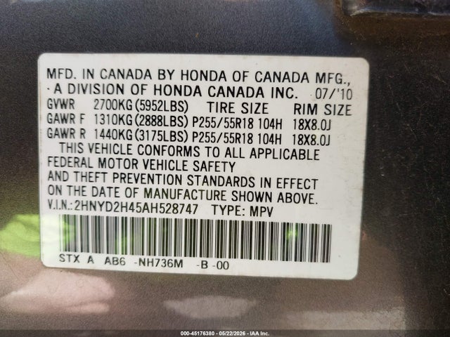 Aukcja sprzedaży 2010 Acura Mdx Technology Package, vin: 2HNYD2H45AH528747, numer aukcji: 45176380