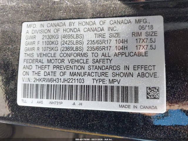2HKRW6H31JH221103 Honda CR-V LX