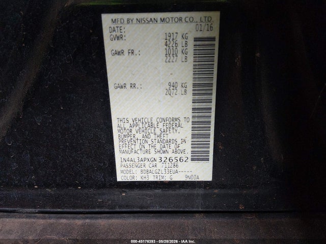 1N4AL3APXGN326562 Nissan Altima 2.5/2.5 S/2.5 Sl/2.5 Sr/2.5 Sv