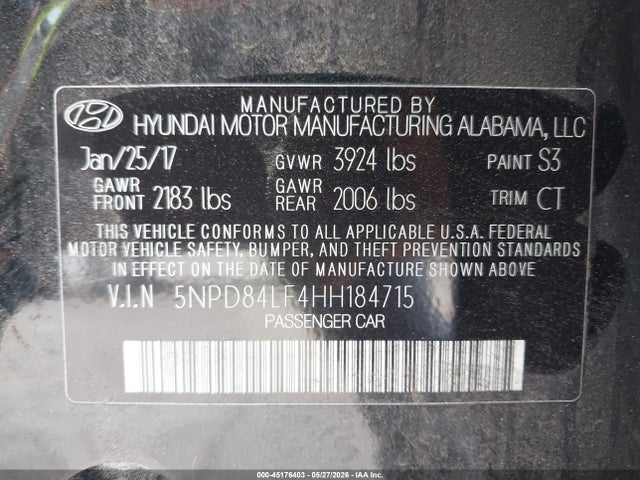 2017 Hyundai Elantra Value Edition მანქანა იყიდება აუქციონზე, vin: 5NPD84LF4HH184715, აუქციონის ნომერი: 45176403