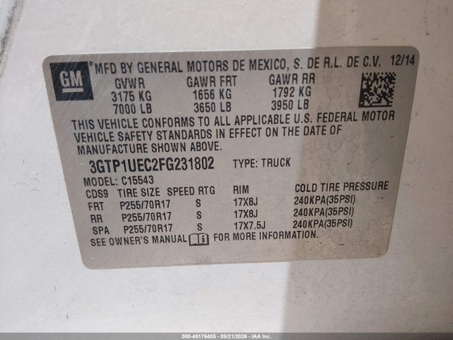 45176405 :رقم المزاد ، 3GTP1UEC2FG231802 vin ، 2015 Gmc Sierra 1500 Sle مزاد بيع
