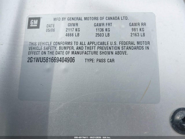 Продаж на аукціоні авто 2006 Chevrolet Impala Ltz, vin: 2G1WU581669404906, номер лоту: 45176411