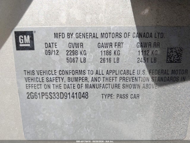 45176416 :رقم المزاد ، 2G61P5S33D9141048 vin ، 2013 Cadillac Xts Luxury مزاد بيع
