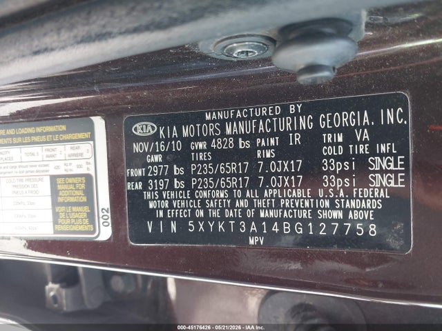 45176426 :رقم المزاد ، 5XYKT3A14BG127758 vin ، 2011 Kia Sorento Lx مزاد بيع