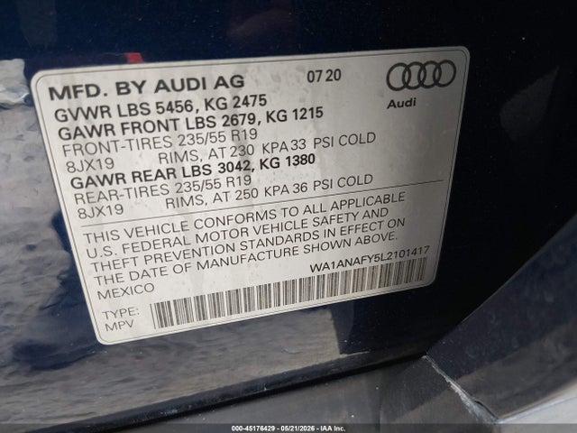 Продажа на аукционе авто 2020 Audi Q5 Premium 45 Tfsi Quattro S Tronic, vin: WA1ANAFY5L2101417, номер лота: 45176429