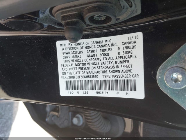 2016 Honda Civic Lx მანქანა იყიდება აუქციონზე, vin: 2HGFC2F56GH513910, აუქციონის ნომერი: 45176438
