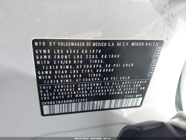 2022 Volkswagen Taos 1.5t Se მანქანა იყიდება აუქციონზე, vin: 3VVRX7B28NM072354, აუქციონის ნომერი: 45176443