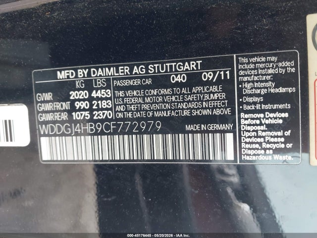 Aukcja sprzedaży 2012 Mercedes-benz C 250, vin: WDDGJ4HB9CF772979, numer aukcji: 45176445