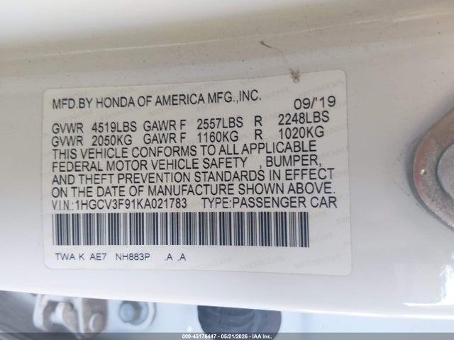 1HGCV3F91KA021783 Honda Accord Hybrid Touring