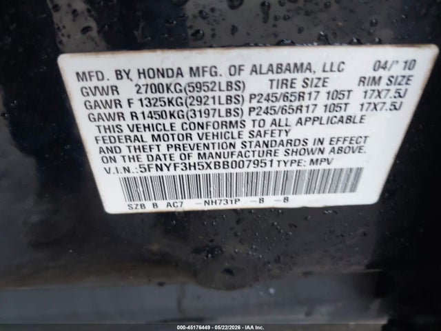 Aukcja sprzedaży 2011 Honda Pilot Ex-l, vin: 5FNYF3H5XBB007951, numer aukcji: 45176449