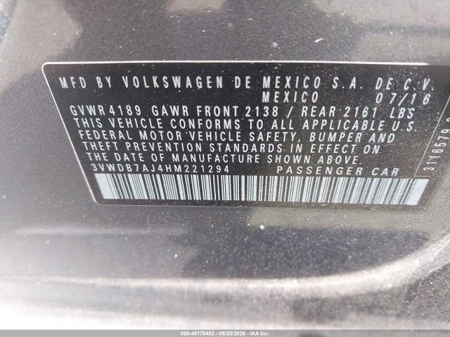 45176452 :رقم المزاد ، 3VWDB7AJ4HM221294 vin ، 2017 Volkswagen Jetta 1.4t Se مزاد بيع