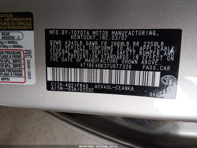 Продаж на аукціоні авто 2007 Toyota Camry Le, vin: 4T1BE46K37U677326, номер лоту: 45176463