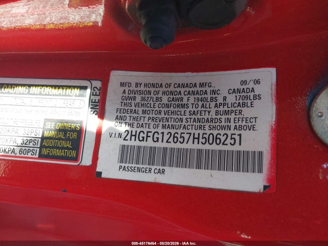 Aukcja sprzedaży 2007 Honda Civic Lx, vin: 2HGFG12657H506251, numer aukcji: 45176464
