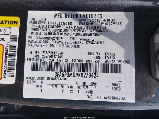 Aukcja sprzedaży 2019 Ford Fusion Hybrid Sel, vin: 3FA6P0MU9KR278424, numer aukcji: 45176470