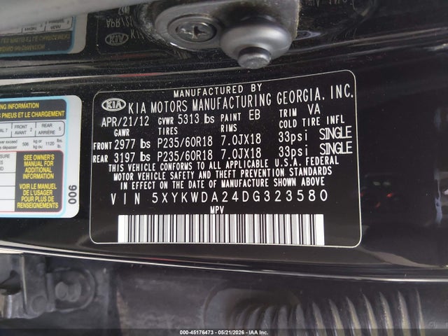 Продажа на аукционе авто 2013 Kia Sorento Sx V6, vin: 5XYKWDA24DG323580, номер лота: 45176473