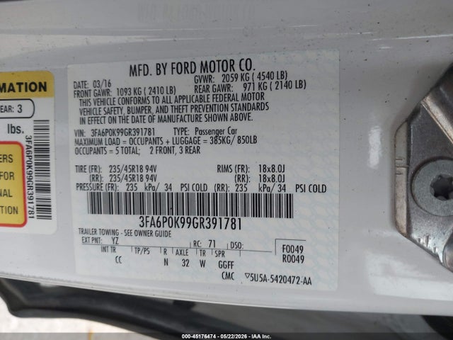 Продаж на аукціоні авто 2016 Ford Fusion Titanium, vin: 3FA6P0K99GR391781, номер лоту: 45176474