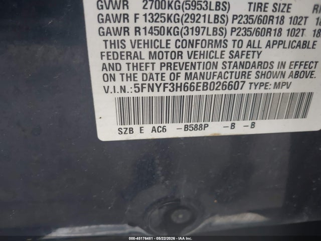 Aukcja sprzedaży 2014 Honda Pilot Ex-l, vin: 5FNYF3H66EB026607, numer aukcji: 45176481