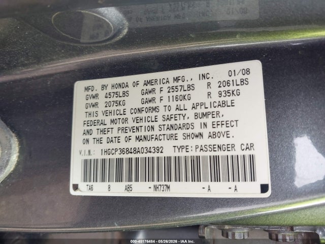 2008 Honda Accord 3.5 Ex-l მანქანა იყიდება აუქციონზე, vin: 1HGCP36848A034392, აუქციონის ნომერი: 45176484