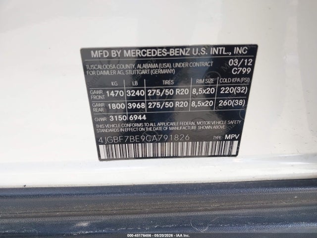 Aukcja sprzedaży 2012 Mercedes-benz Gl 450 4matic, vin: 4JGBF7BE9CA791826, numer aukcji: 45176486