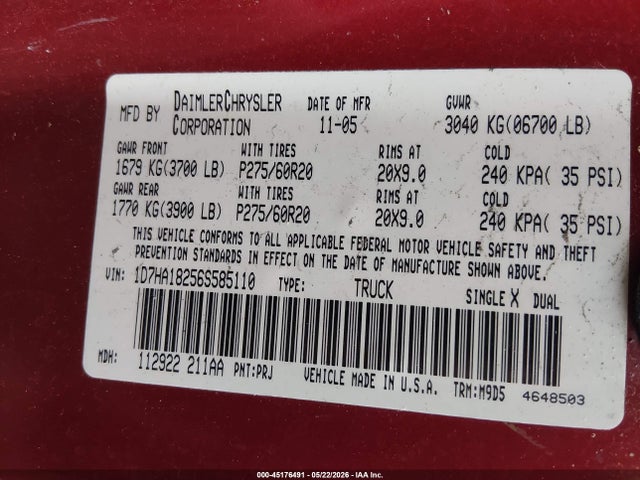 Aukcja sprzedaży 2006 Dodge Ram 1500 Slt, vin: 1D7HA18256S585110, numer aukcji: 45176491