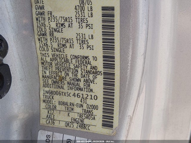 45176494 :رقم المزاد ، 1N6BD06TX5C461210 vin ، 2005 Nissan Frontier Xe مزاد بيع