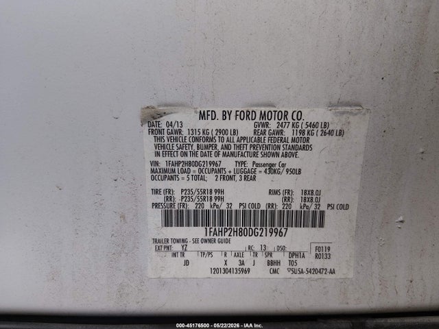 Auction sale of the 2013 Ford Taurus Sel, vin: 1FAHP2H80DG219967, lot number: 45176500