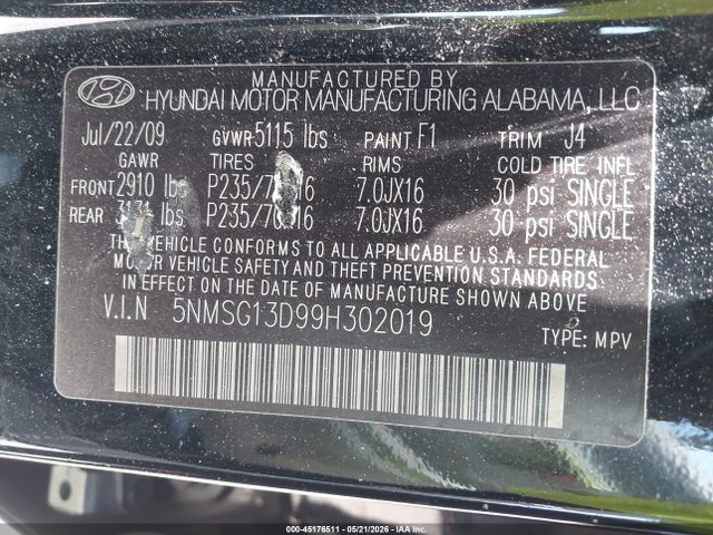 Aukcja sprzedaży 2009 Hyundai Santa Fe Gls, vin: 5NMSG13D99H302019, numer aukcji: 45176511