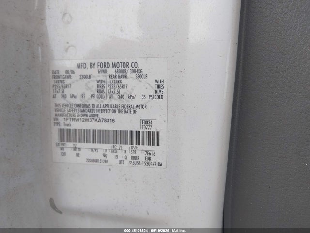 Продажа на аукционе авто 2007 Ford F-150 Xlt, vin: 1FTRW12W37KA78316, номер лота: 45176524