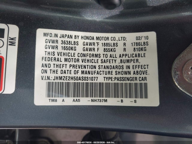 Продаж на аукціоні авто 2010 Honda Insight Lx, vin: JHMZE2H50AS031077, номер лоту: 45176530