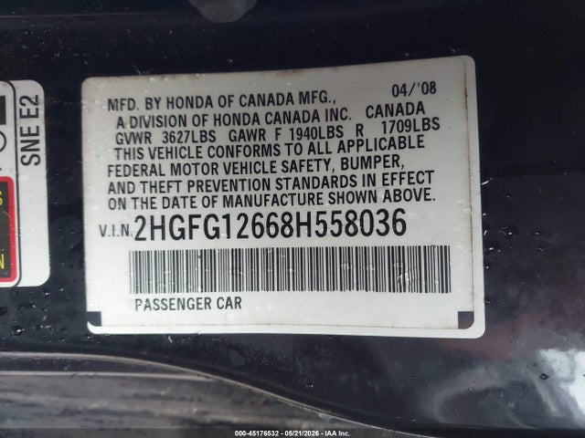 Aukcja sprzedaży 2008 Honda Civic Lx, vin: 2HGFG12668H558036, numer aukcji: 45176532