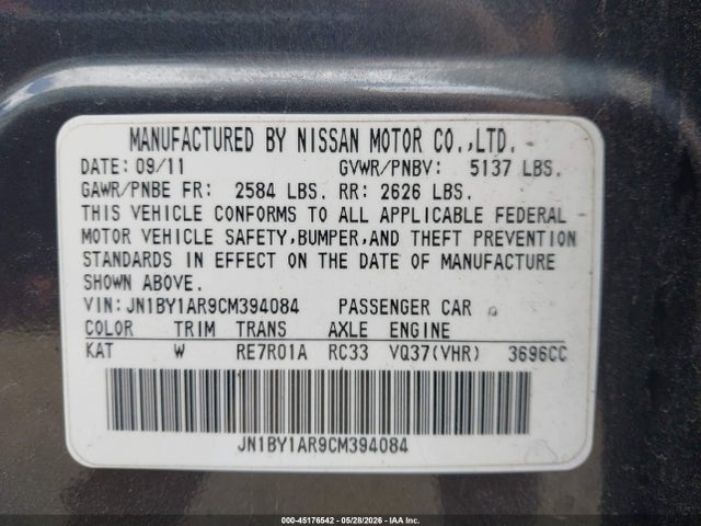 Aukcja sprzedaży 2012 Infiniti M37x, vin: JN1BY1AR9CM394084, numer aukcji: 45176542