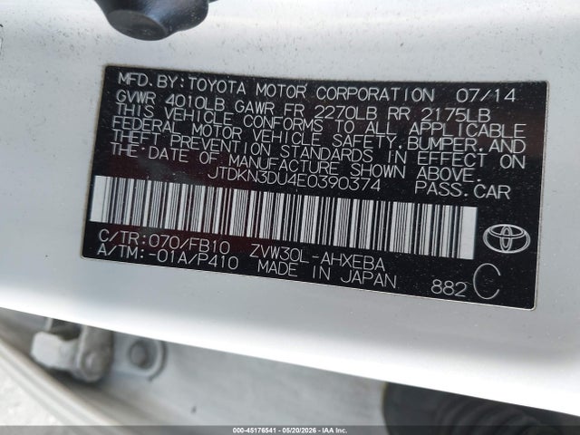 2014 Toyota Prius Three მანქანა იყიდება აუქციონზე, vin: JTDKN3DU4E0390374, აუქციონის ნომერი: 45176541