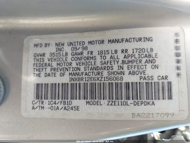 45176546 :رقم المزاد ، 1NXBR12E6XZ156068 vin ، 1999 Toyota Corolla Ce مزاد بيع