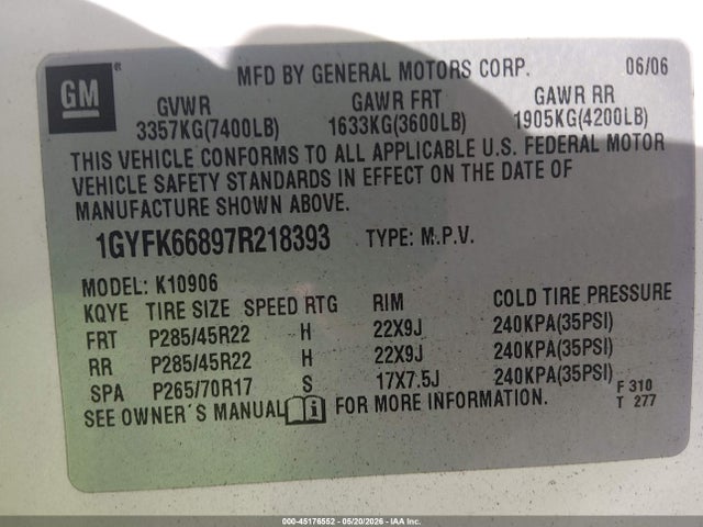 Продажа на аукционе авто 2007 Cadillac Escalade Esv Standard, vin: 1GYFK66897R218393, номер лота: 45176552