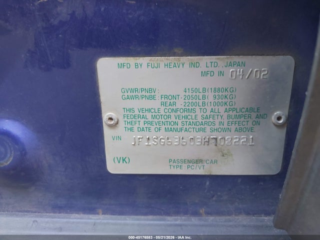 45176583 :رقم المزاد ، JF1SG63603H708221 vin ، 2003 Subaru Forester X مزاد بيع