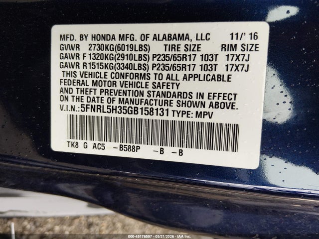 Aukcja sprzedaży 2016 Honda Odyssey Se, vin: 5FNRL5H35GB158131, numer aukcji: 45176597