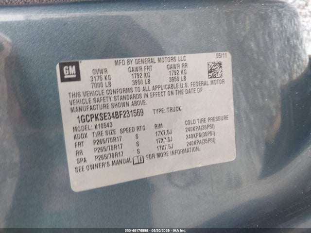 Aukcja sprzedaży 2011 Chevrolet Silverado 1500 Lt, vin: 1GCPKSE34BF231569, numer aukcji: 45176598