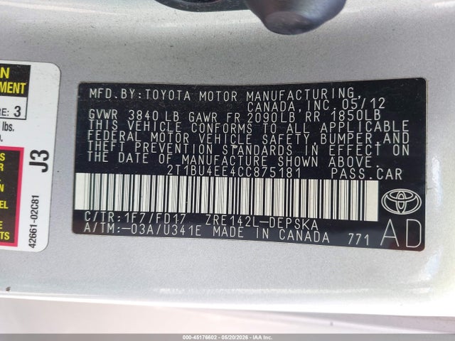 2012 Toyota Corolla S მანქანა იყიდება აუქციონზე, vin: 2T1BU4EE4CC875181, აუქციონის ნომერი: 45176602