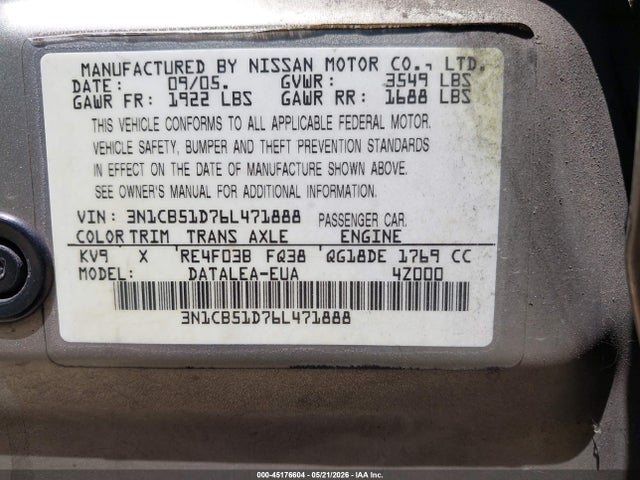 Aukcja sprzedaży 2006 Nissan Sentra 1.8s, vin: 3N1CB51D76L471888, numer aukcji: 45176604
