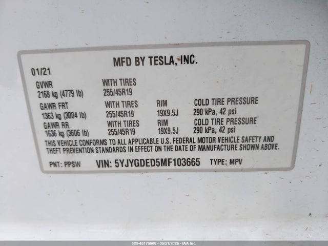 Tesla Model Y Standard Range Rear-wheel Drive 2021 5YJYGDED5MF103665 Image 9