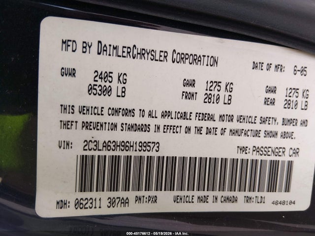 2006 Chrysler 300c მანქანა იყიდება აუქციონზე, vin: 2C3LA63H96H199573, აუქციონის ნომერი: 45176612