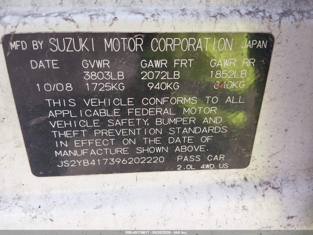 Продаж на аукціоні авто 2009 Suzuki Sx4 Touring, vin: JS2YB417396202220, номер лоту: 45176617